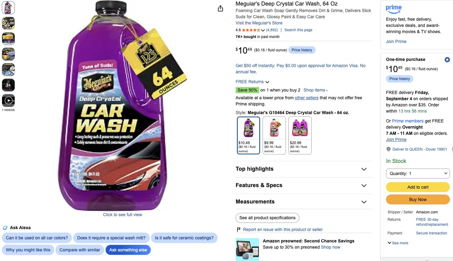 Amazon US product detail module for Meguiar's Deep Crystal 64-ounce car wash