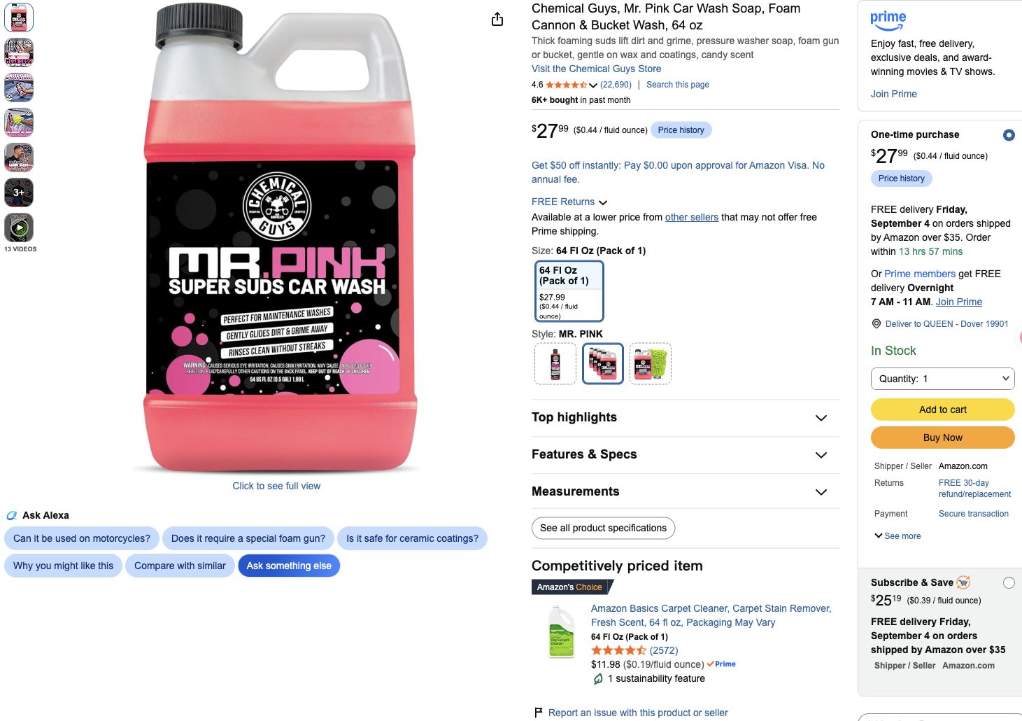 Amazon US product detail module for Chemical Guys Mr. Pink 64-ounce car wash soap