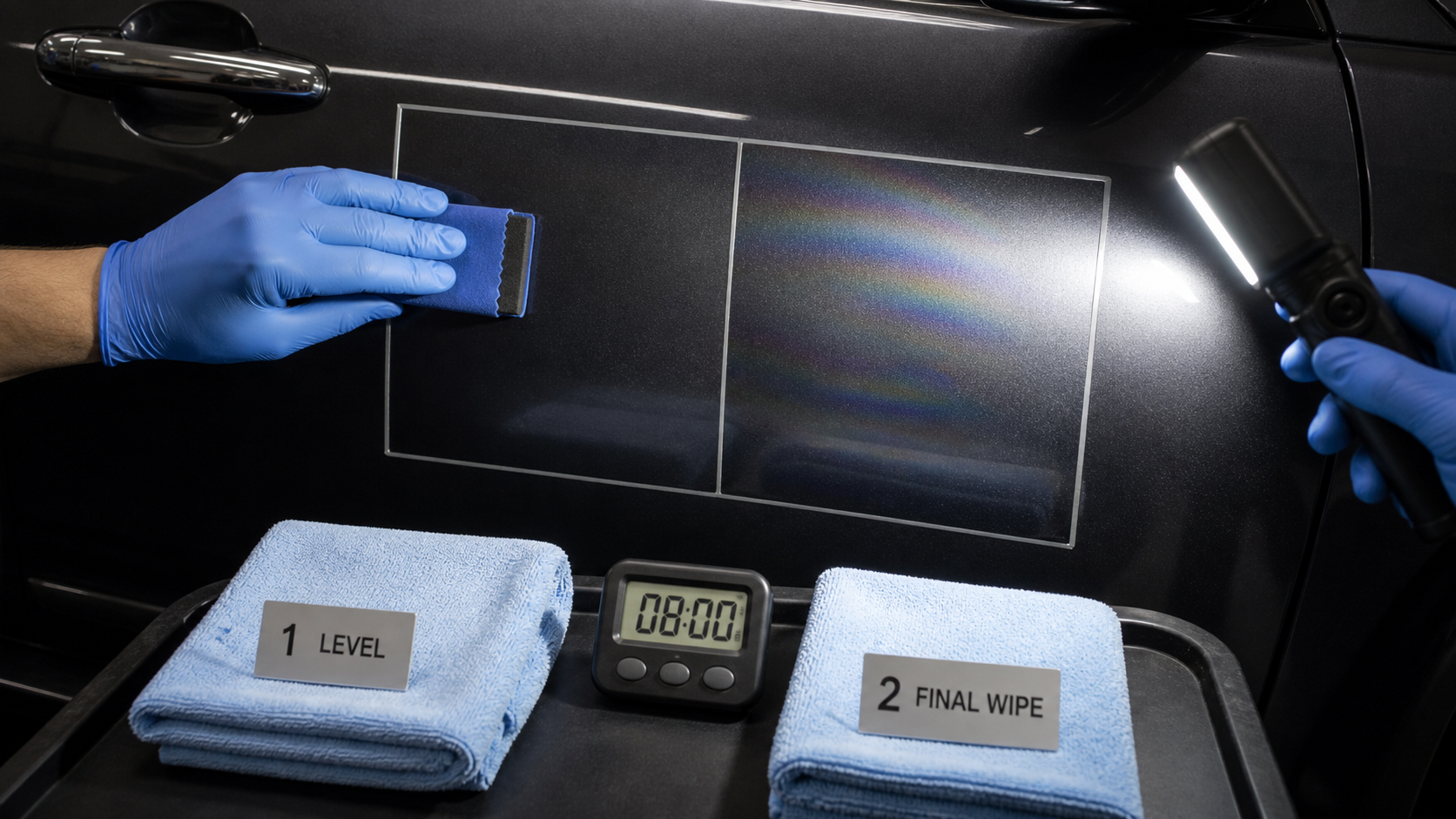 Small-section application, two-towel leveling, and side-light inspection