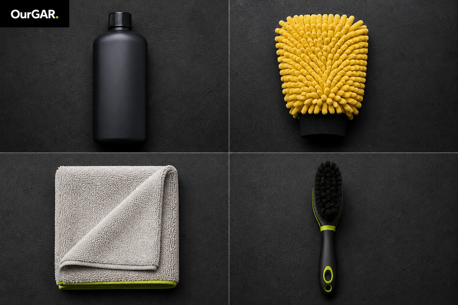 A four-panel flat lay with an unlabelled wash-soap bottle, yellow wash mitt, microfiber drying towel, and wheel brush