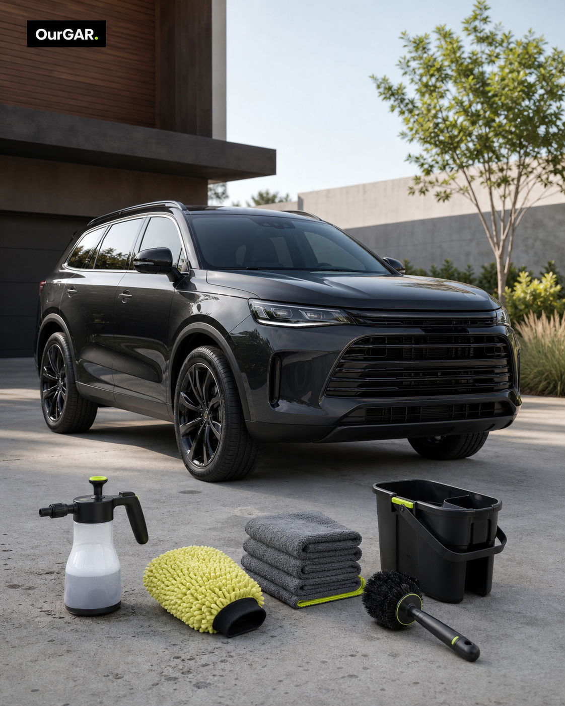 A dark SUV on a residential driveway with a foam sprayer, yellow wash mitt, towels, wheel brush, and carry bin